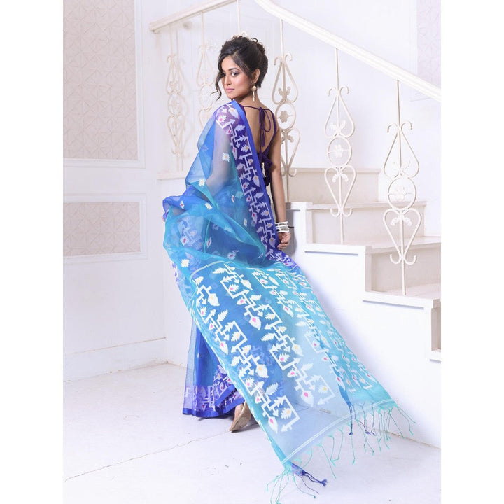 CHARUKRITI Sky Blue Muslin Jamdani Designs Saree with Unstitched Blouse