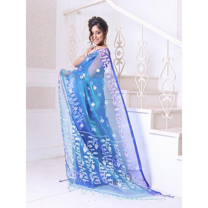 CHARUKRITI Sky Blue Muslin Jamdani Designs Saree with Unstitched Blouse