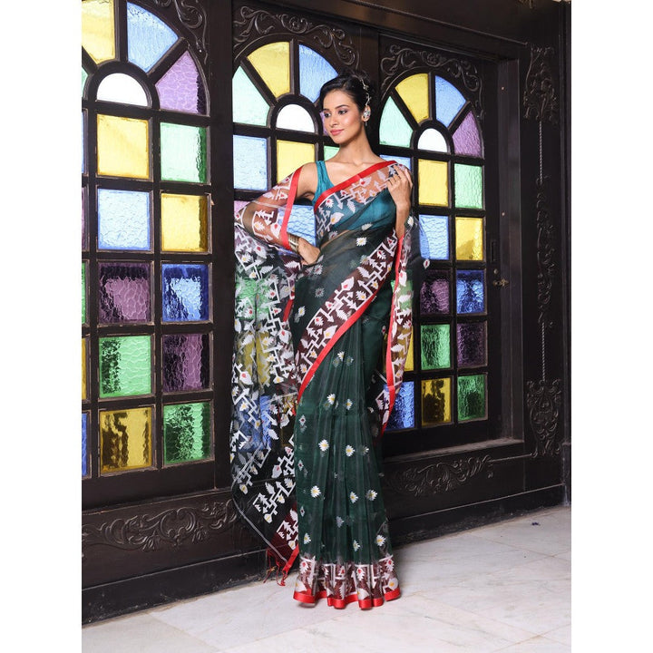 CHARUKRITI Emerald Green Muslin Jamdani Designs Saree with Unstitched Blouse