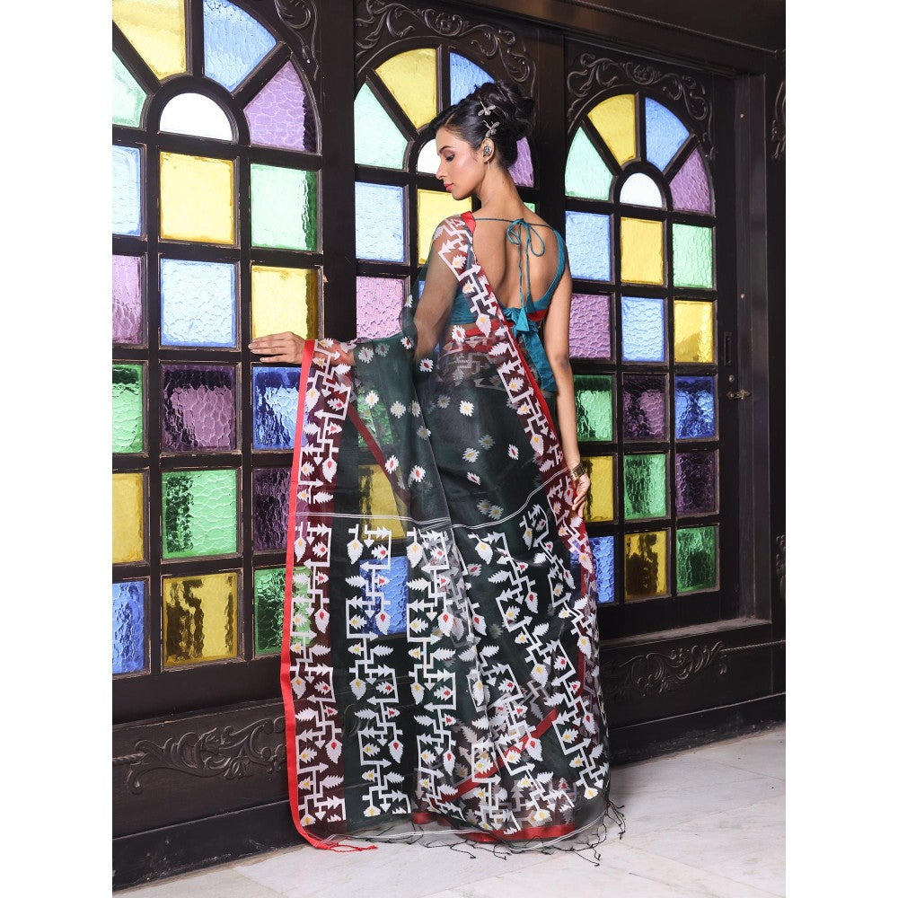 CHARUKRITI Emerald Green Muslin Jamdani Designs Saree with Unstitched Blouse