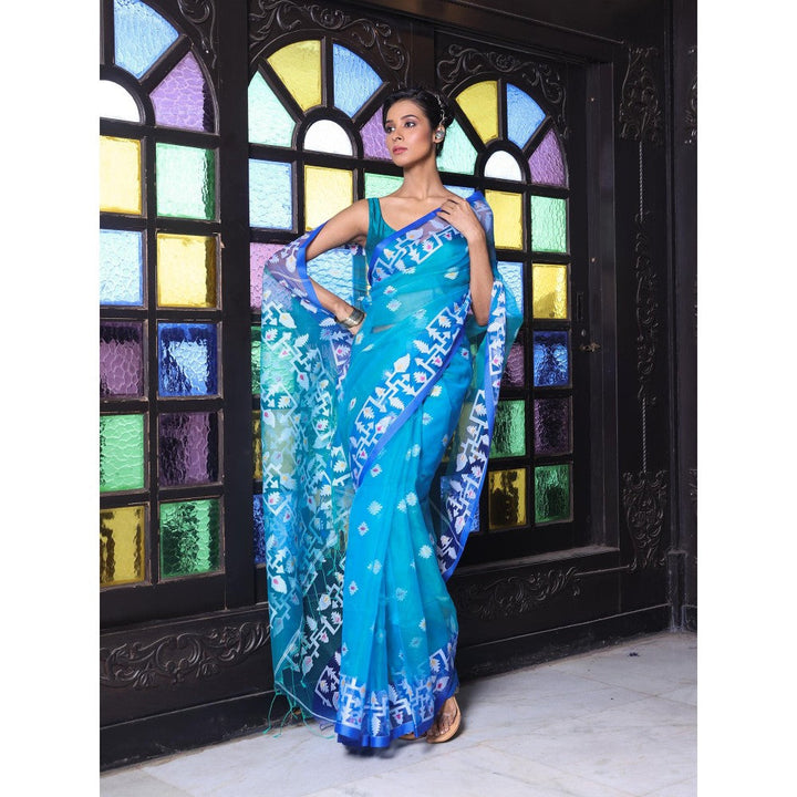 CHARUKRITI Turquoise Muslin Jamdani Designs Saree with Unstitched Blouse