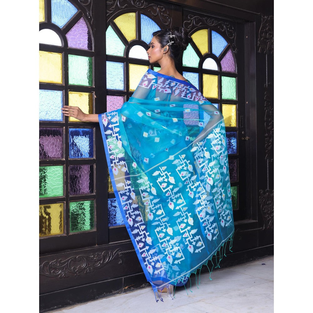 CHARUKRITI Turquoise Muslin Jamdani Designs Saree with Unstitched Blouse