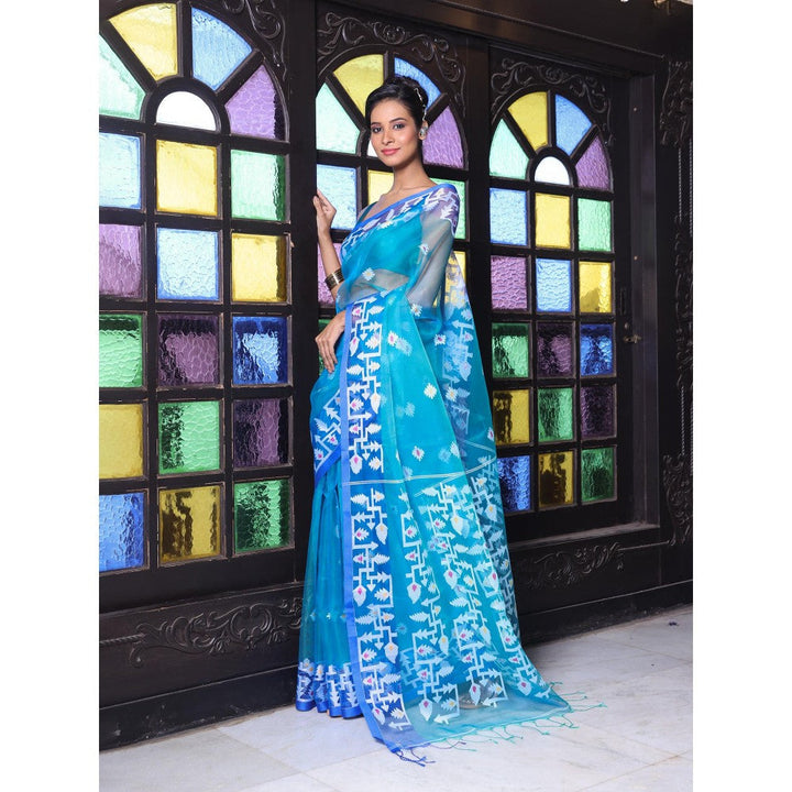 CHARUKRITI Turquoise Muslin Jamdani Designs Saree with Unstitched Blouse