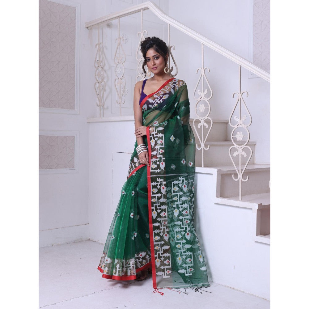 CHARUKRITI Green Muslin Jamdani Designs Saree with Unstitched Blouse