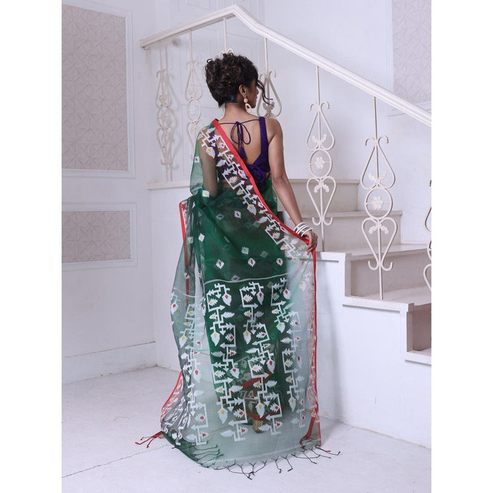 CHARUKRITI Green Muslin Jamdani Designs Saree with Unstitched Blouse