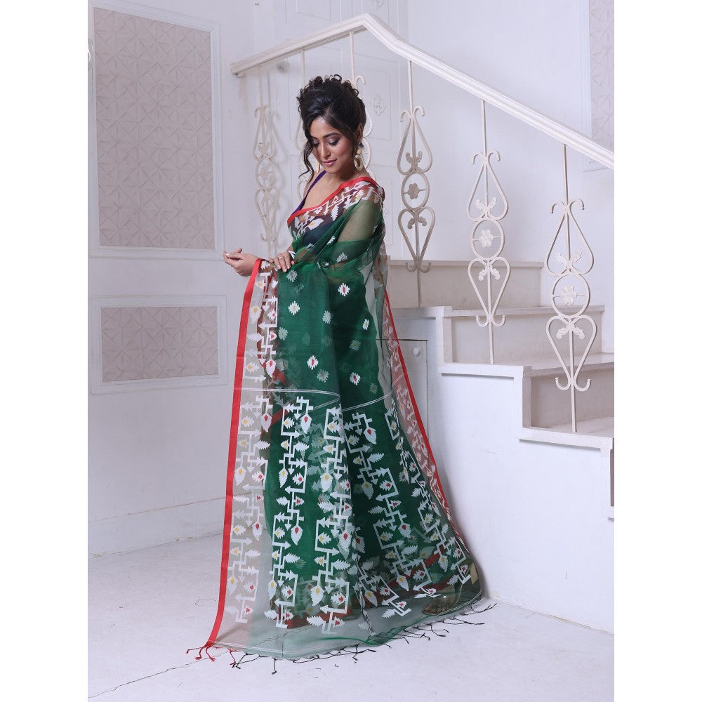 CHARUKRITI Green Muslin Jamdani Designs Saree with Unstitched Blouse