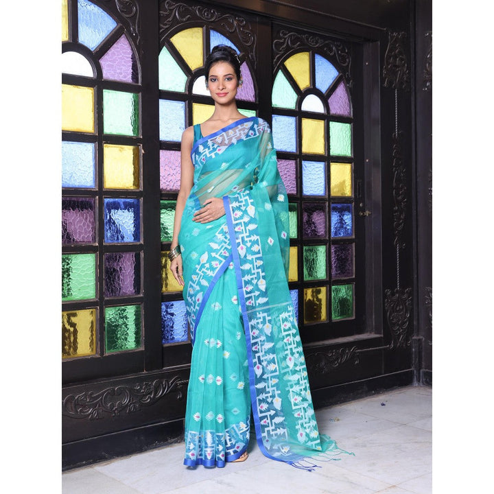 CHARUKRITI Sea Green Muslin Jamdani Designs Saree with Unstitched Blouse