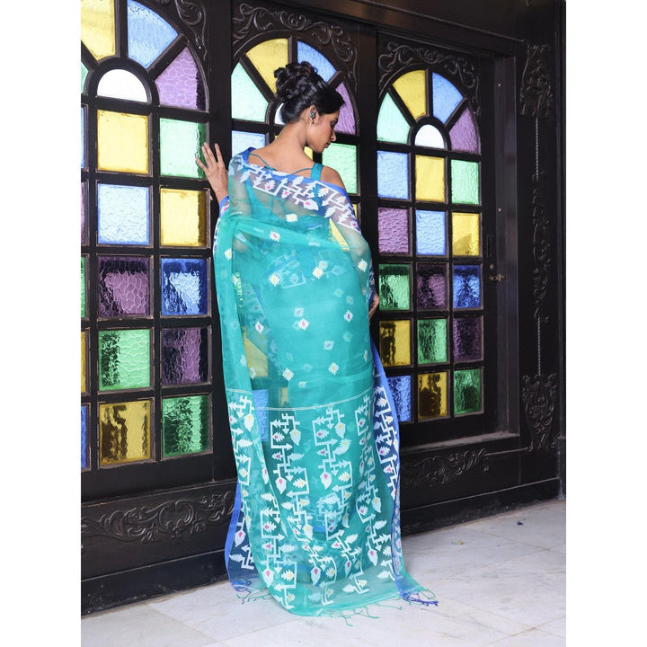 CHARUKRITI Sea Green Muslin Jamdani Designs Saree with Unstitched Blouse