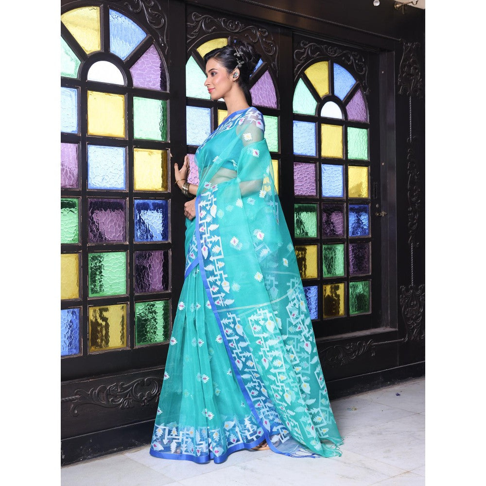 CHARUKRITI Sea Green Muslin Jamdani Designs Saree with Unstitched Blouse