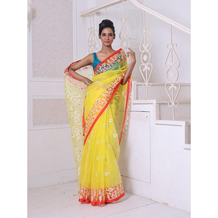 CHARUKRITI Yellow Muslin Jamdani Designs Saree with Unstitched Blouse