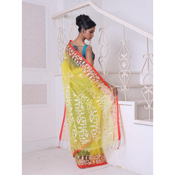 CHARUKRITI Yellow Muslin Jamdani Designs Saree with Unstitched Blouse