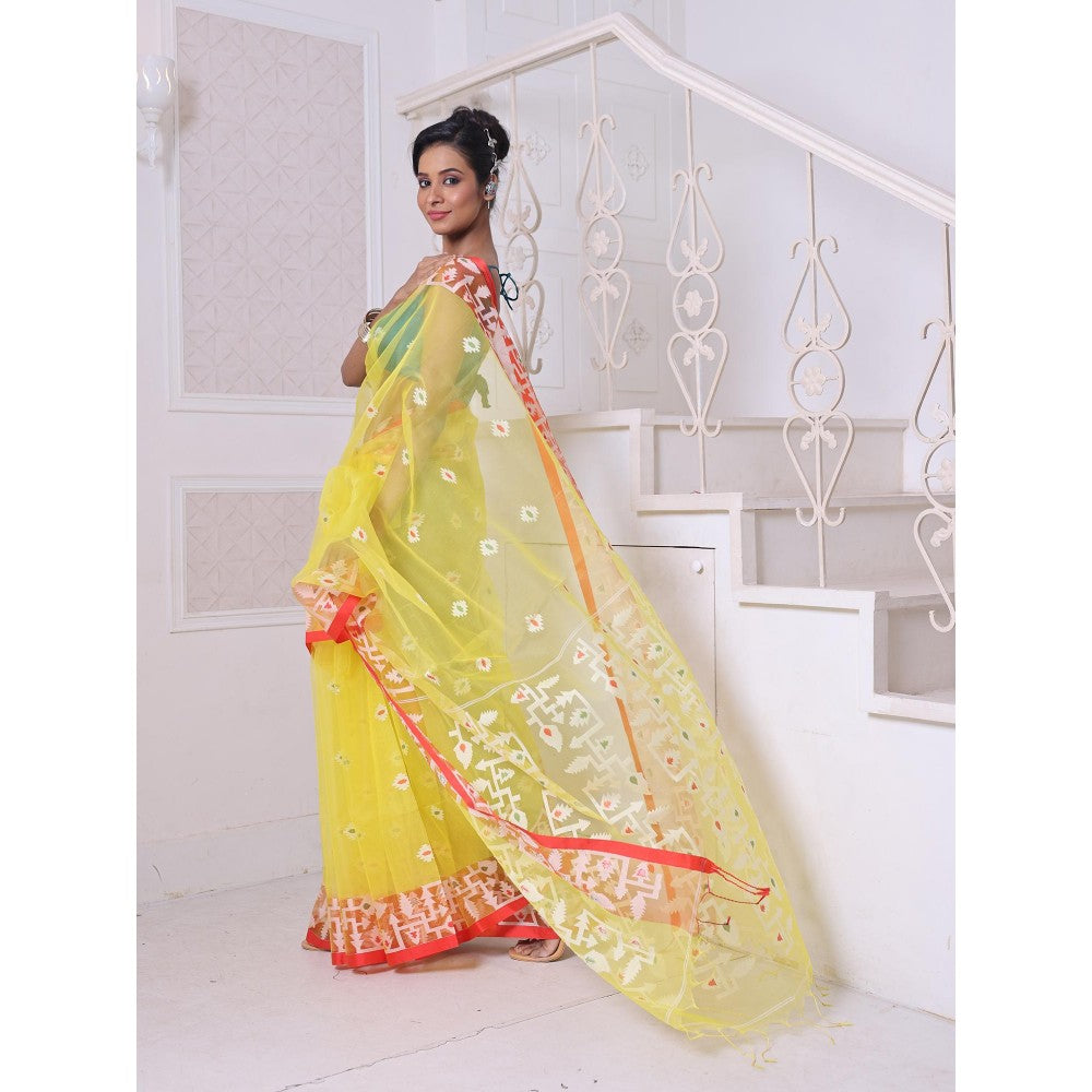 CHARUKRITI Yellow Muslin Jamdani Designs Saree with Unstitched Blouse