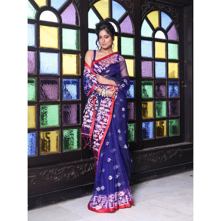 CHARUKRITI Navy Blue Muslin Jamdani Designs Saree with Unstitched Blouse