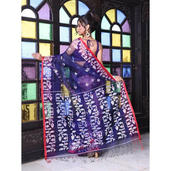 CHARUKRITI Navy Blue Muslin Jamdani Designs Saree with Unstitched Blouse