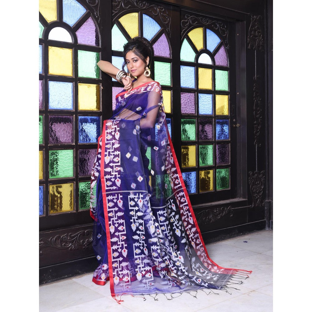 CHARUKRITI Navy Blue Muslin Jamdani Designs Saree with Unstitched Blouse