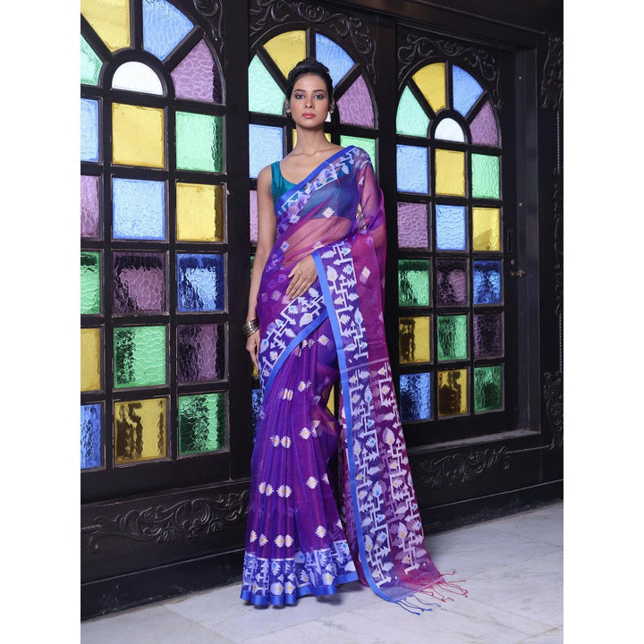 CHARUKRITI Purple Muslin Jamdani Designs Saree with Unstitched Blouse