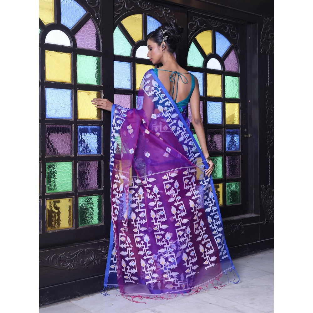 CHARUKRITI Purple Muslin Jamdani Designs Saree with Unstitched Blouse