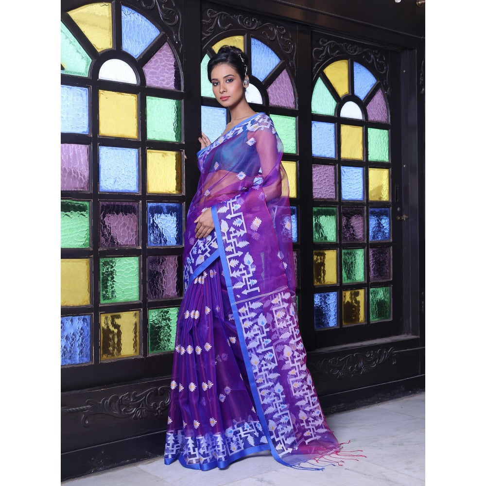 CHARUKRITI Purple Muslin Jamdani Designs Saree with Unstitched Blouse