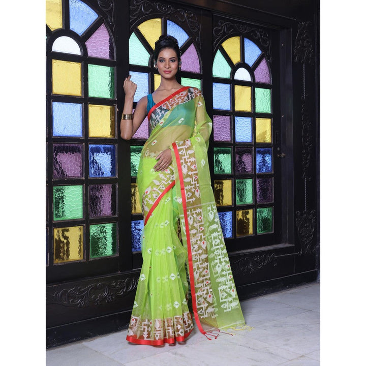 CHARUKRITI Light Green Muslin Jamdani Designs Saree with Unstitched Blouse