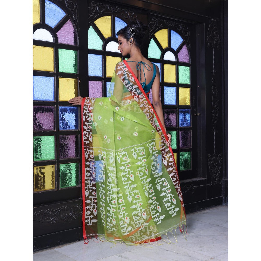 CHARUKRITI Light Green Muslin Jamdani Designs Saree with Unstitched Blouse