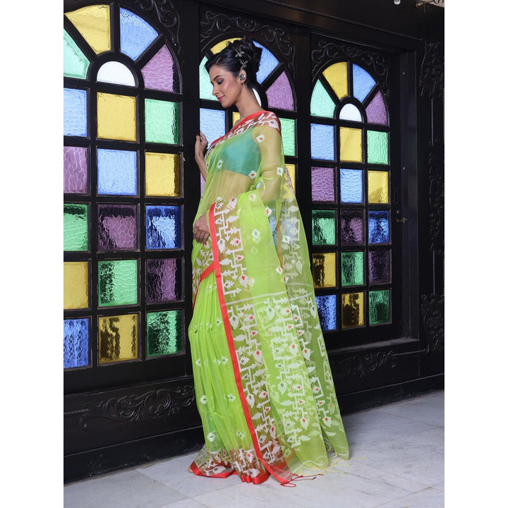 CHARUKRITI Light Green Muslin Jamdani Designs Saree with Unstitched Blouse