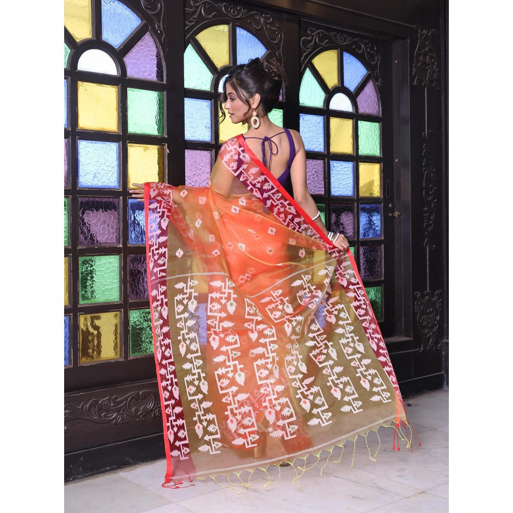 CHARUKRITI Orange Muslin Jamdani Designs Saree with Unstitched Blouse