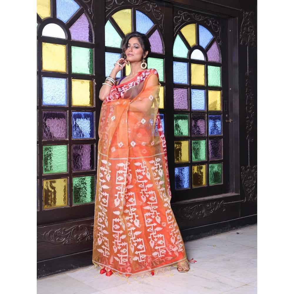 CHARUKRITI Orange Muslin Jamdani Designs Saree with Unstitched Blouse