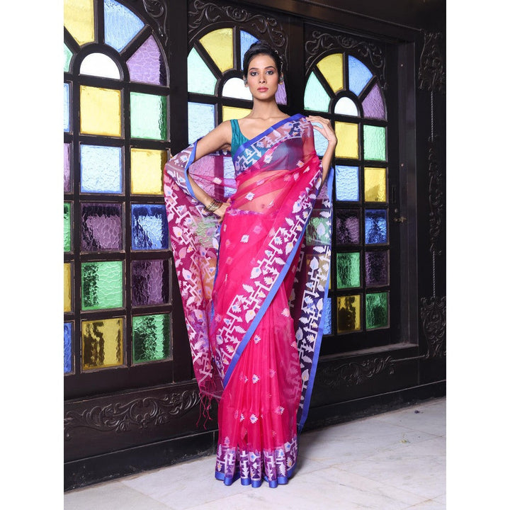 CHARUKRITI Fuchsia Muslin Jamdani Designs Saree with Unstitched Blouse