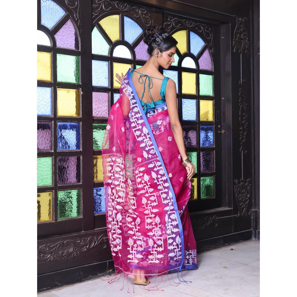 CHARUKRITI Fuchsia Muslin Jamdani Designs Saree with Unstitched Blouse