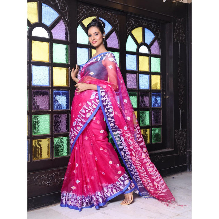 CHARUKRITI Fuchsia Muslin Jamdani Designs Saree with Unstitched Blouse