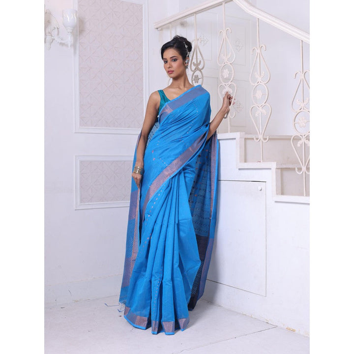 CHARUKRITI All Over Zari Weaving Sky Blue Cotton Zari Border Saree with Unstitched Blouse