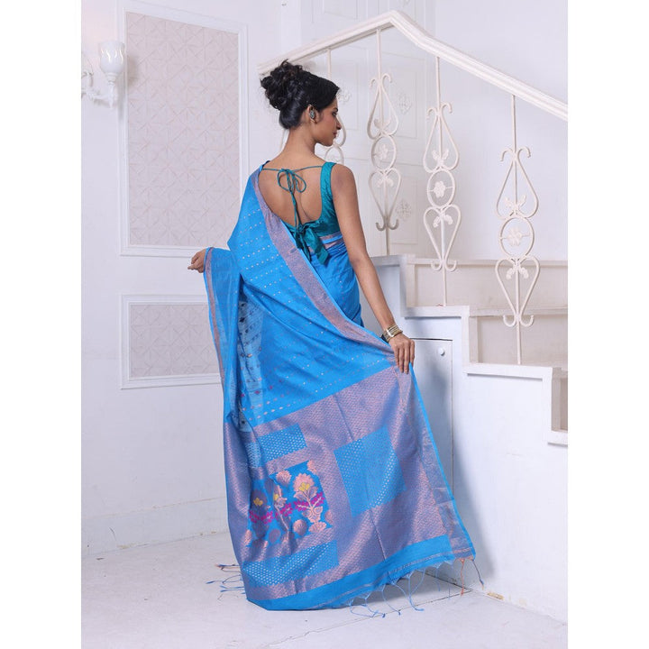 CHARUKRITI All Over Zari Weaving Sky Blue Cotton Zari Border Saree with Unstitched Blouse