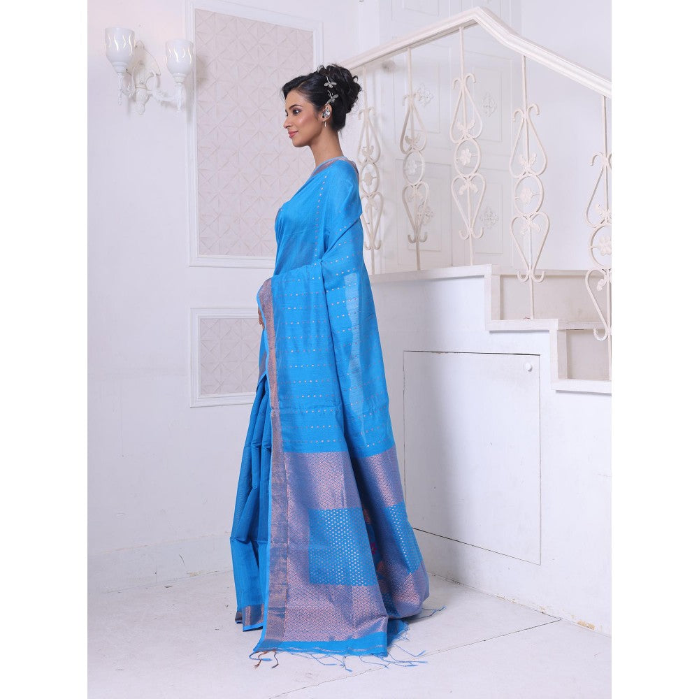 CHARUKRITI All Over Zari Weaving Sky Blue Cotton Zari Border Saree with Unstitched Blouse