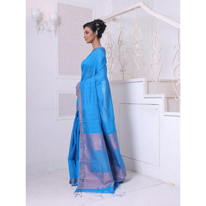 CHARUKRITI All Over Zari Weaving Sky Blue Cotton Zari Border Saree with Unstitched Blouse