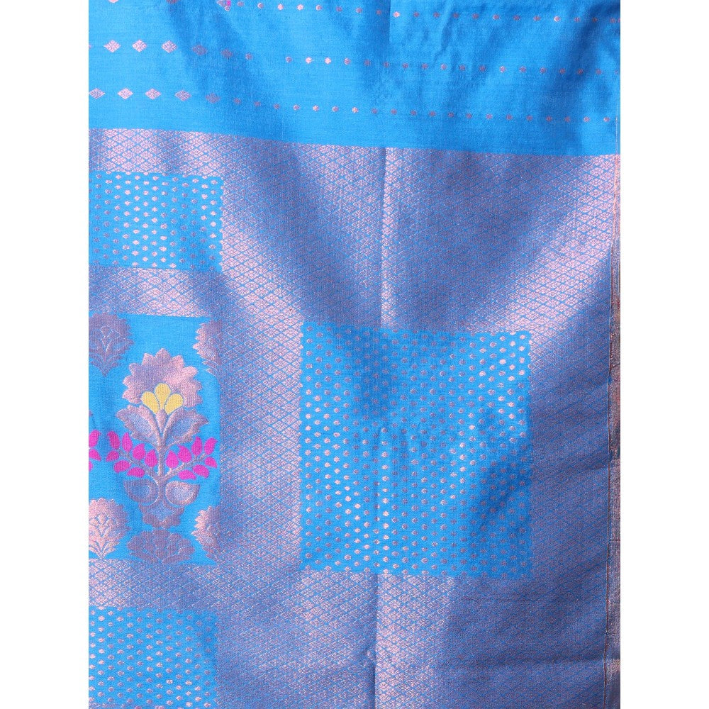 CHARUKRITI All Over Zari Weaving Sky Blue Cotton Zari Border Saree with Unstitched Blouse