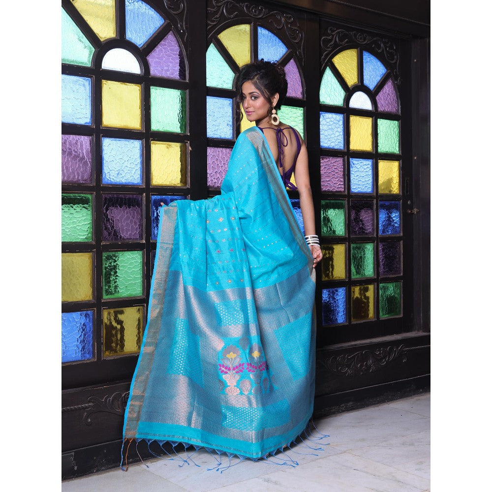 CHARUKRITI All Over Zari Weaving Sea Green Cotton Zari Border Saree with Unstitched Blouse