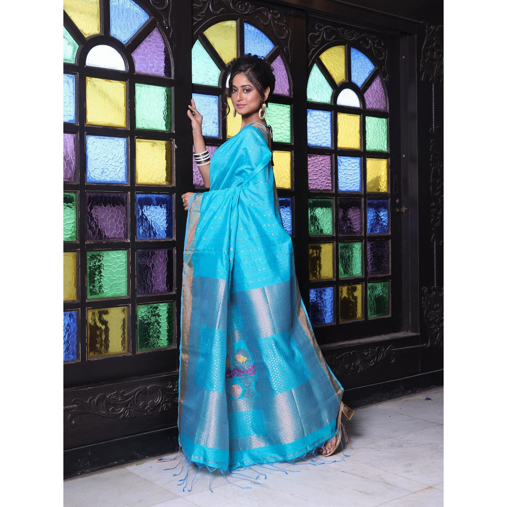 CHARUKRITI All Over Zari Weaving Sea Green Cotton Zari Border Saree with Unstitched Blouse