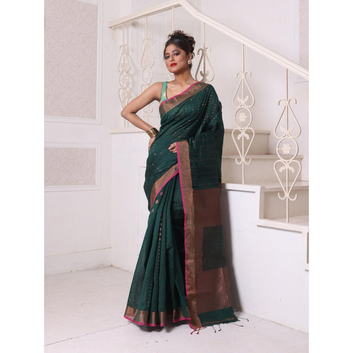 CHARUKRITI All Over Zari Weaving Forest Green Cotton Zari Border Saree with Unstitched Blouse