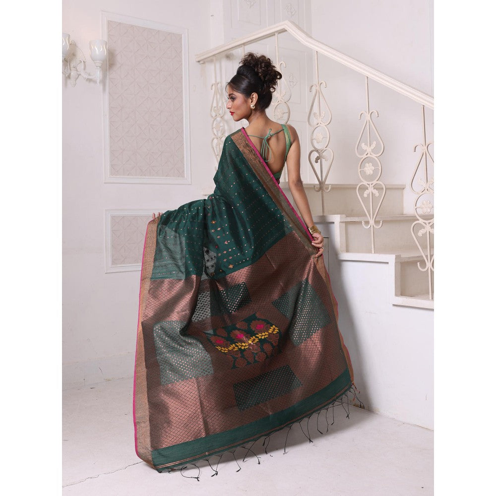 CHARUKRITI All Over Zari Weaving Forest Green Cotton Zari Border Saree with Unstitched Blouse