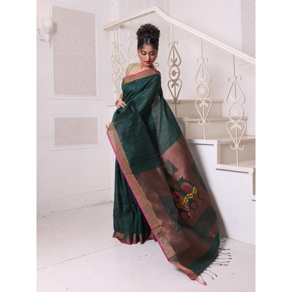 CHARUKRITI All Over Zari Weaving Forest Green Cotton Zari Border Saree with Unstitched Blouse