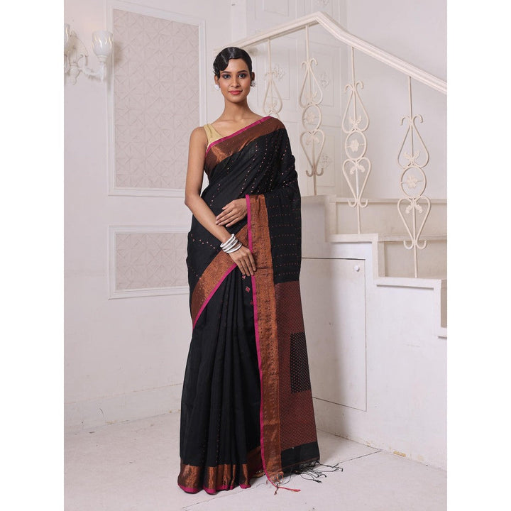 CHARUKRITI All Over Zari Weaving Black Cotton Zari Border Saree with Unstitched Blouse