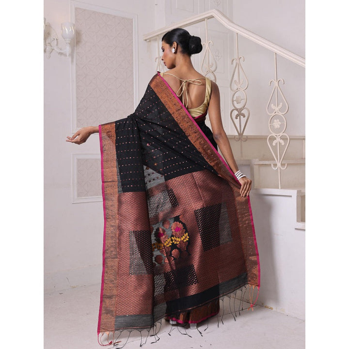 CHARUKRITI All Over Zari Weaving Black Cotton Zari Border Saree with Unstitched Blouse