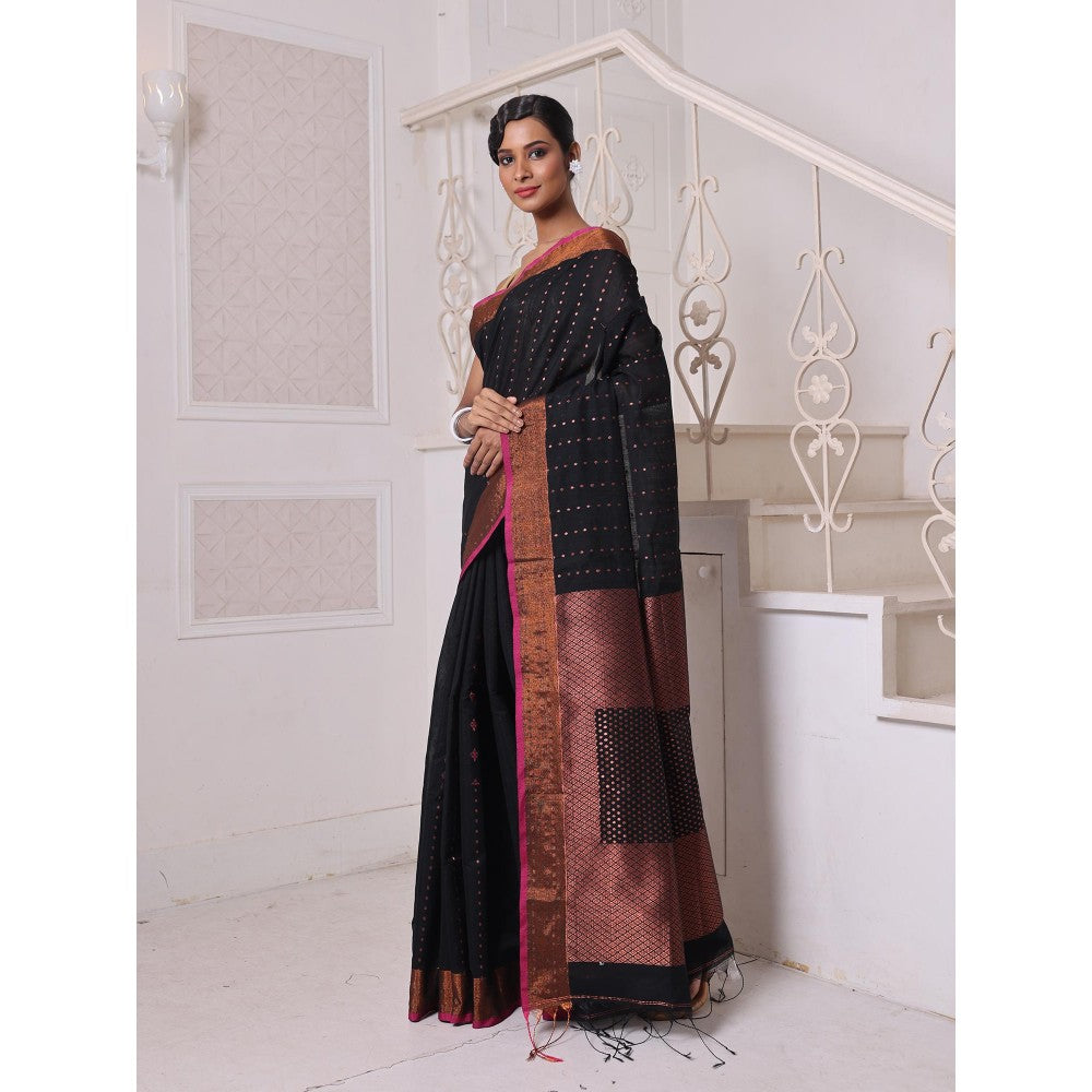 CHARUKRITI All Over Zari Weaving Black Cotton Zari Border Saree with Unstitched Blouse