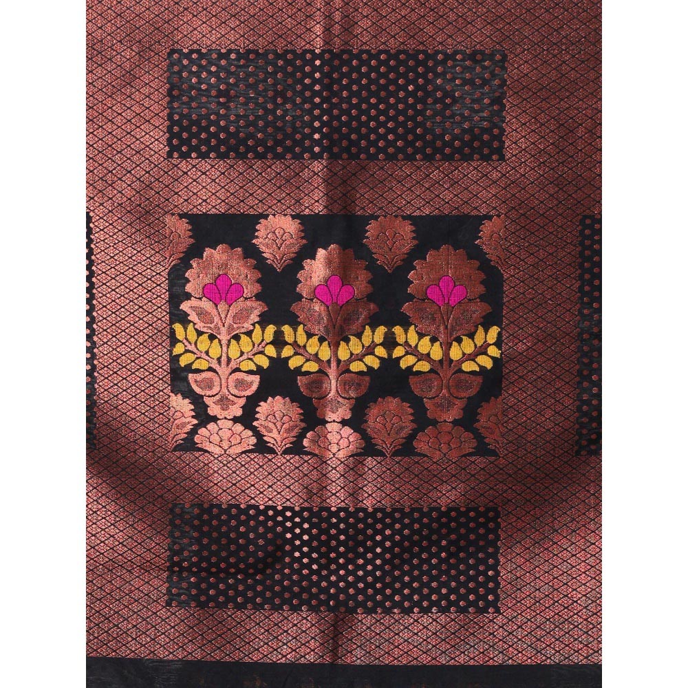 CHARUKRITI All Over Zari Weaving Black Cotton Zari Border Saree with Unstitched Blouse