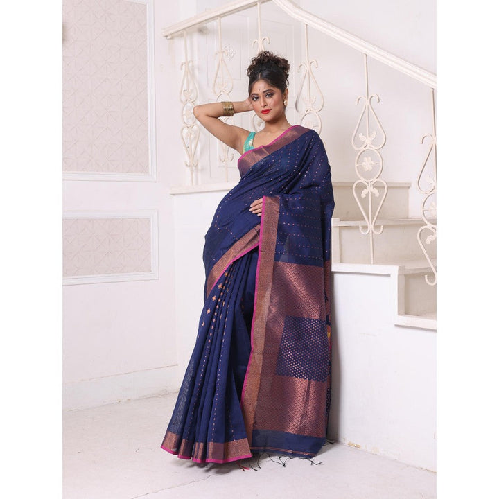 CHARUKRITI All Over Zari Weaving Navy Blue Cotton Zari Border Saree with Unstitched Blouse