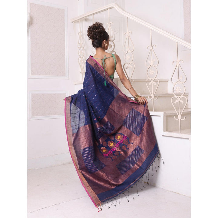 CHARUKRITI All Over Zari Weaving Navy Blue Cotton Zari Border Saree with Unstitched Blouse