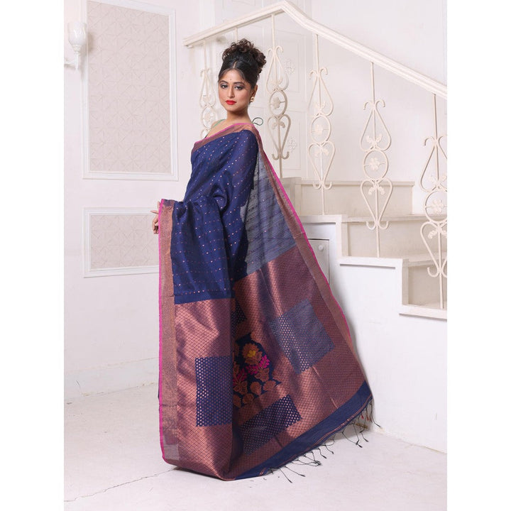 CHARUKRITI All Over Zari Weaving Navy Blue Cotton Zari Border Saree with Unstitched Blouse