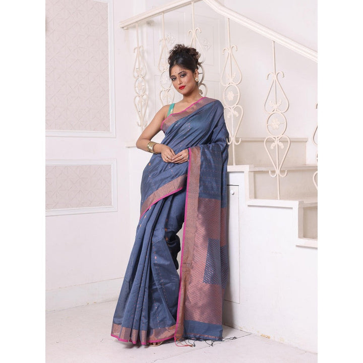 CHARUKRITI All Over Zari Weaving Grey Cotton Zari Border Saree with Unstitched Blouse