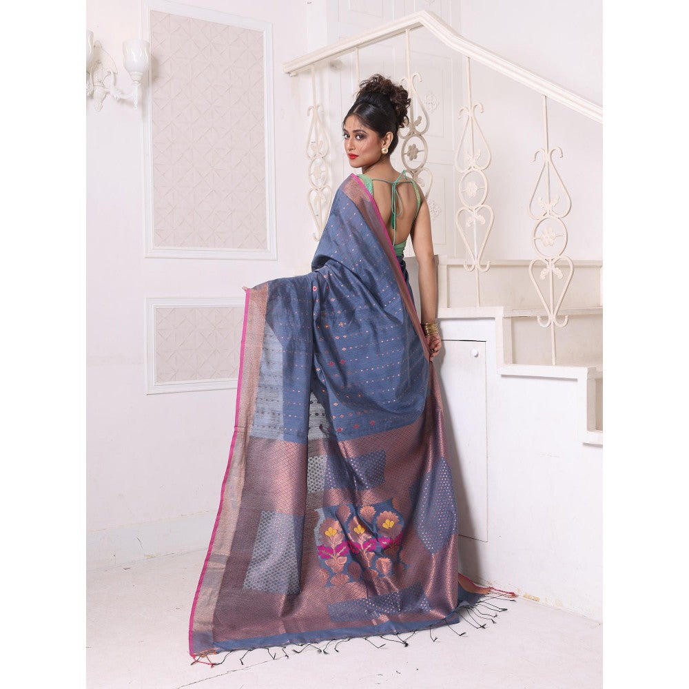 CHARUKRITI All Over Zari Weaving Grey Cotton Zari Border Saree with Unstitched Blouse