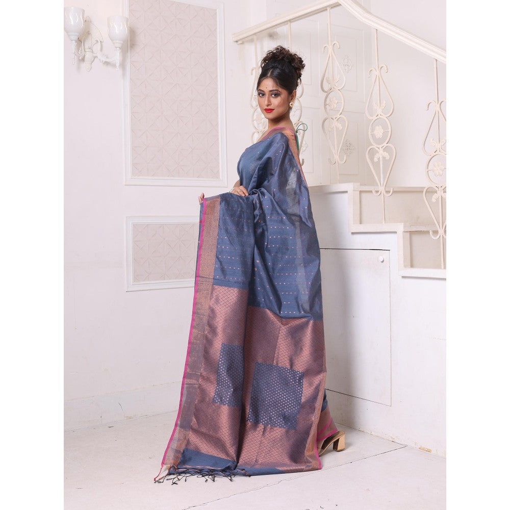 CHARUKRITI All Over Zari Weaving Grey Cotton Zari Border Saree with Unstitched Blouse